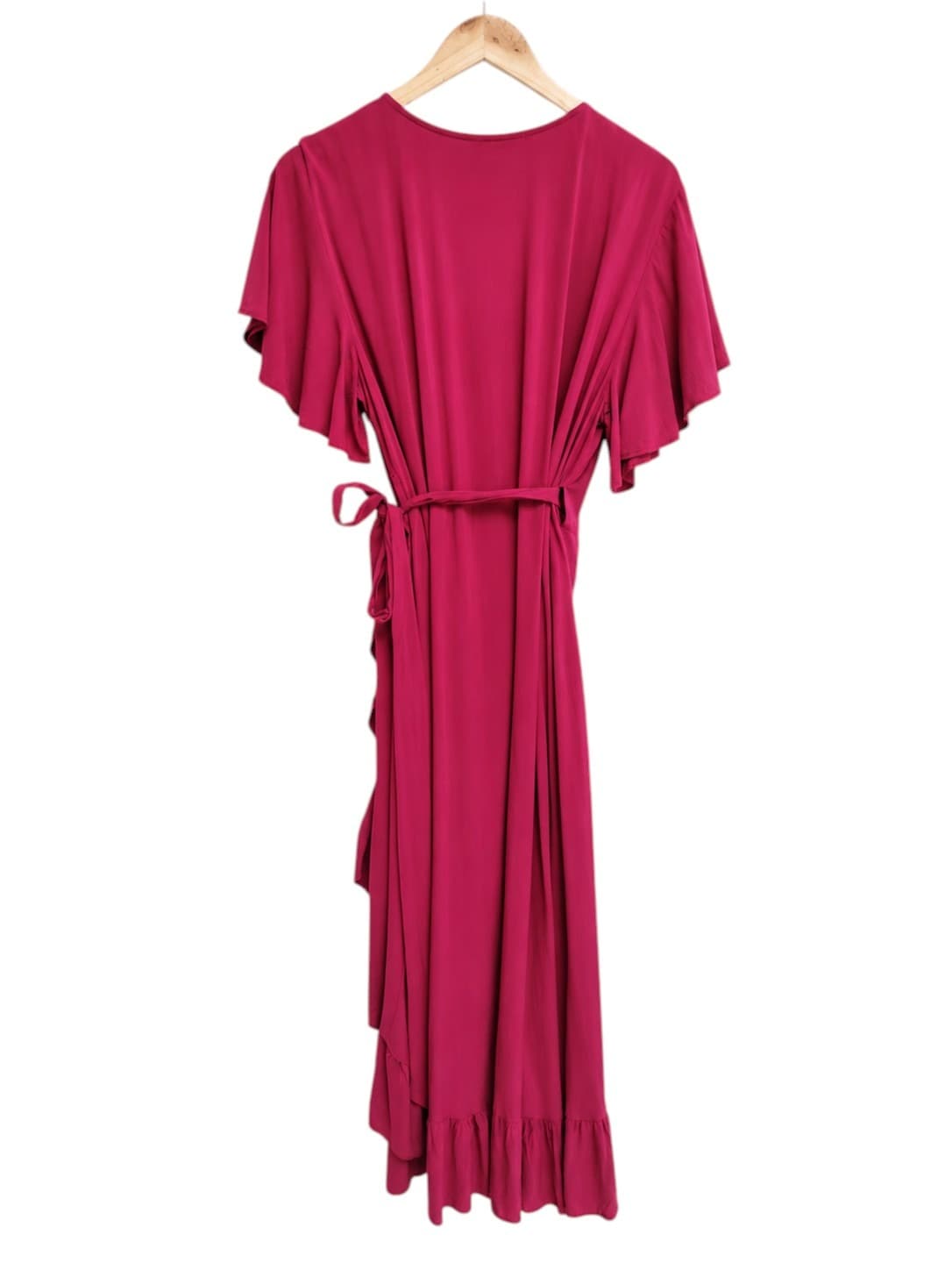 SALTY CRUSH Fuchsia Pink Ruffle Wrap Maxi Dress Flutter Sleeve Size 14 — photo 4 of 7
