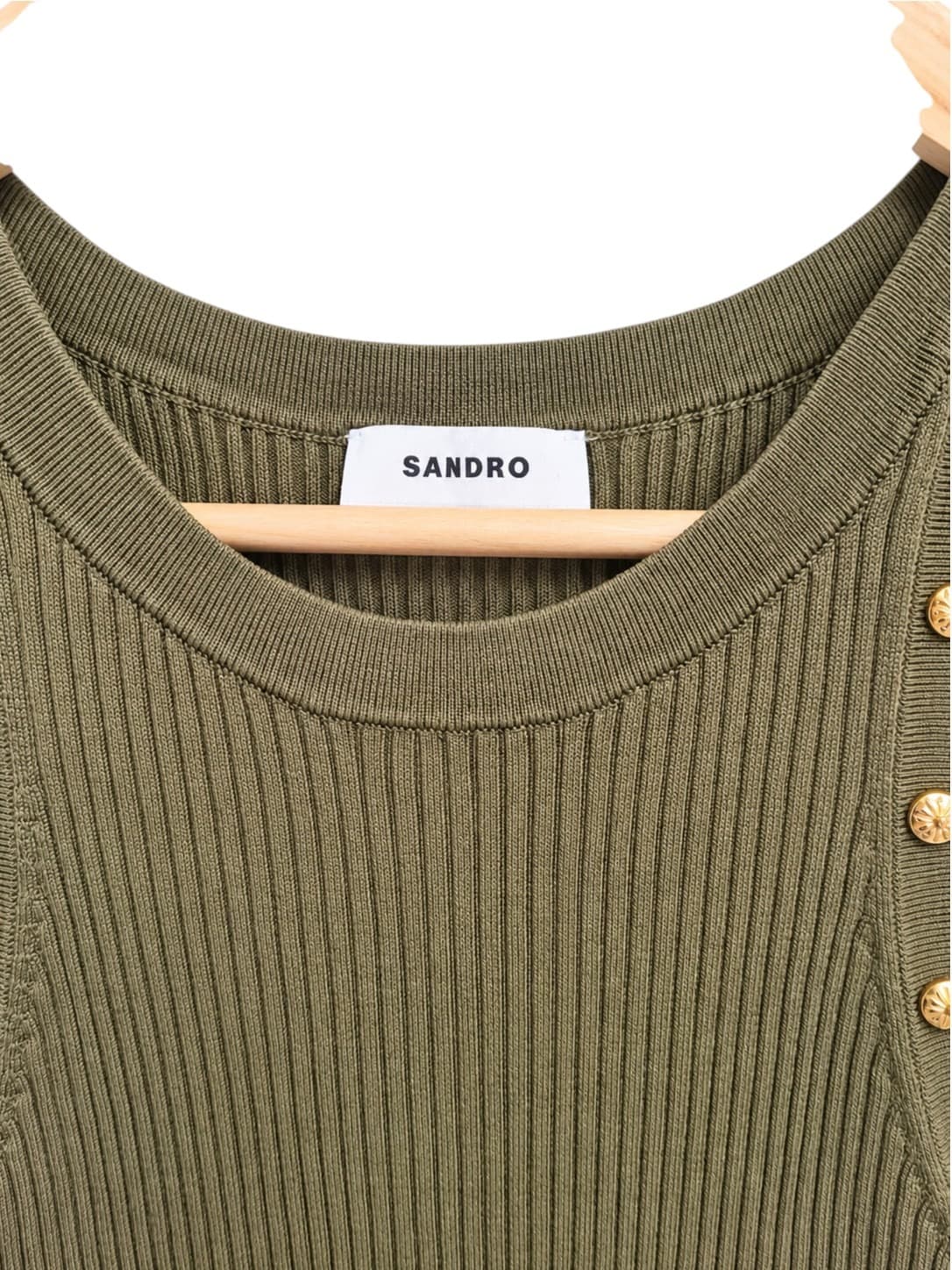 SANDRO Paris Ribbed Knit Tank Top Olive Green Gold Buttons Size 1 AU 8 — photo 4 of 6