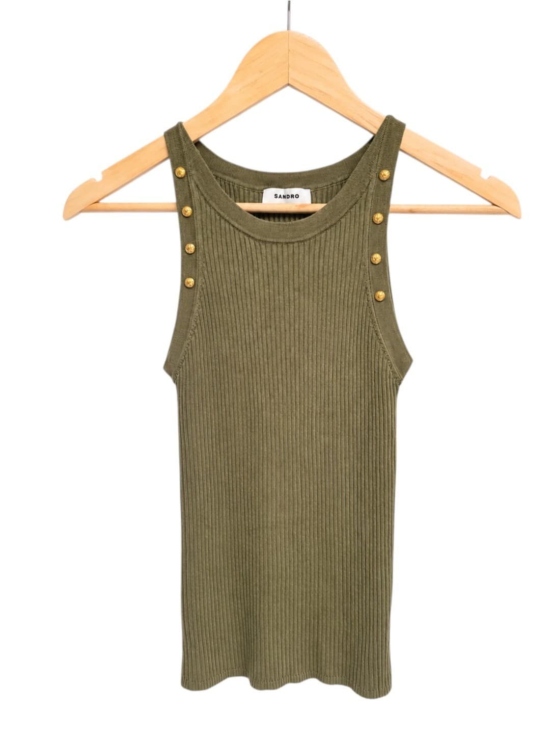 SANDRO Paris Ribbed Knit Tank Top Olive Green Gold Buttons Size 1 AU 8 — photo 2 of 6