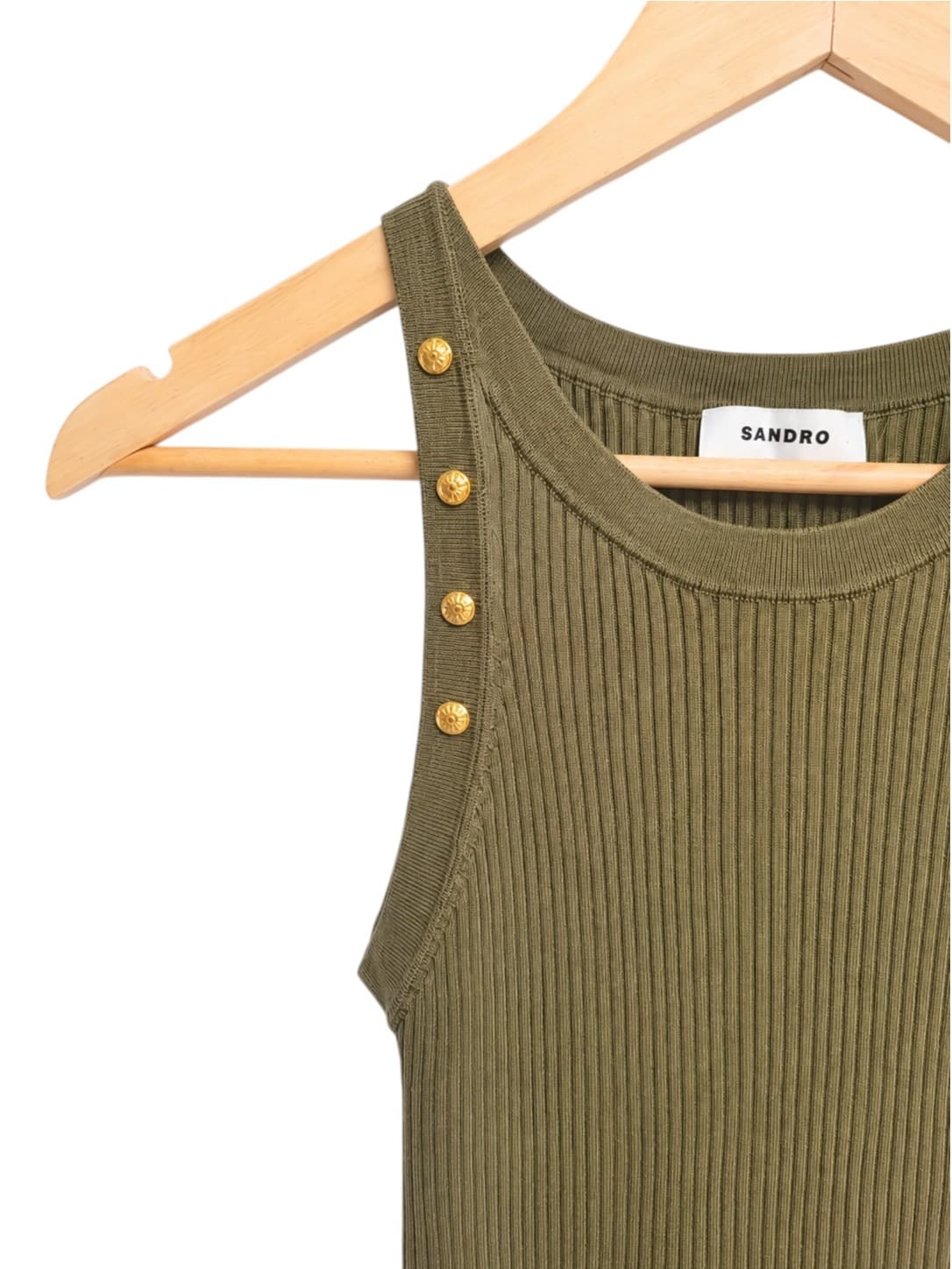 SANDRO Paris Ribbed Knit Tank Top Olive Green Gold Buttons Size 1 AU 8 — photo 1 of 6