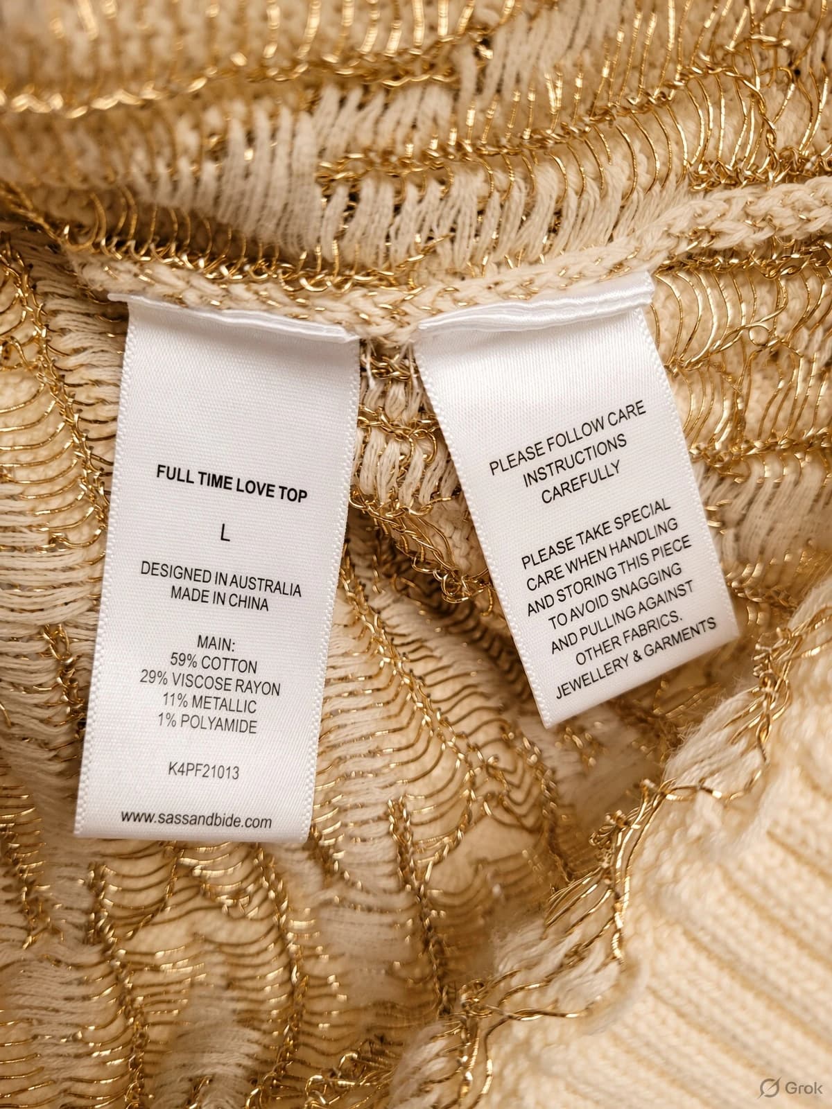 SASS & BIDE Full Time Love Cream Gold Metallic Knit Sweater Top Size L — photo 7 of 7