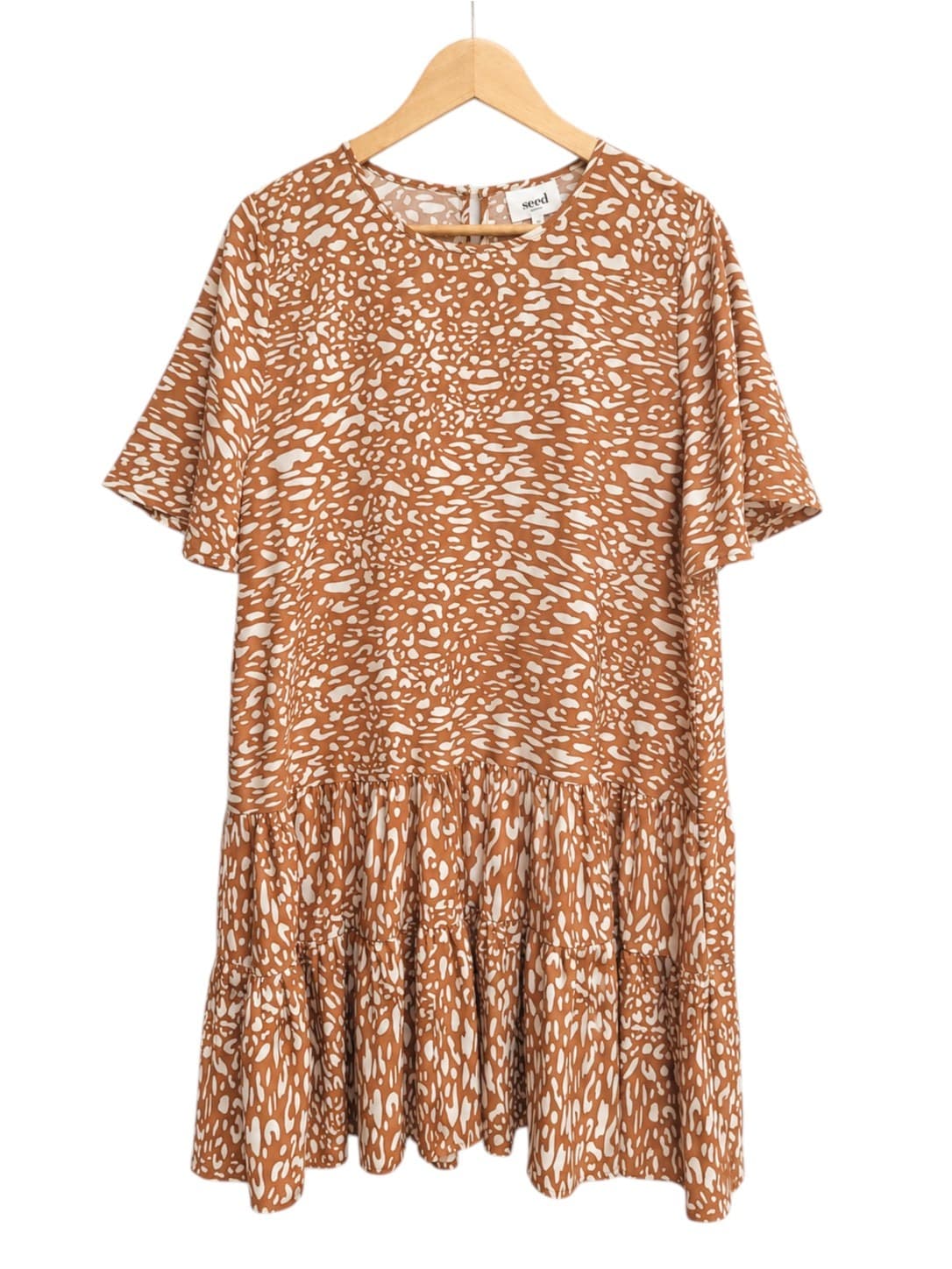 Seed Heritage Animal Print Tiered Mini Dress Brown Flutter Sleeve Womens 12 — photo 1 of 6