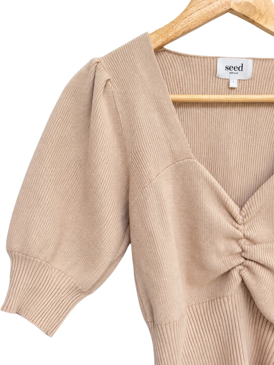 SEED HERITAGE Beige Ribbed Knit Puff Sleeve Sweetheart Top Size S — photo 1 of 6