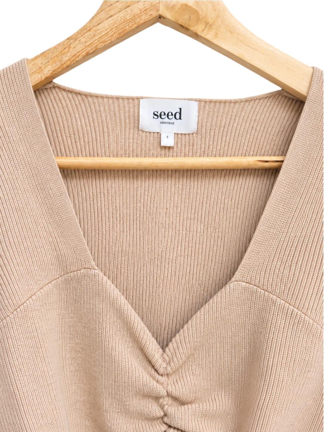 SEED HERITAGE Beige Ribbed Knit Puff Sleeve Sweetheart Top Size S — photo 4 of 6