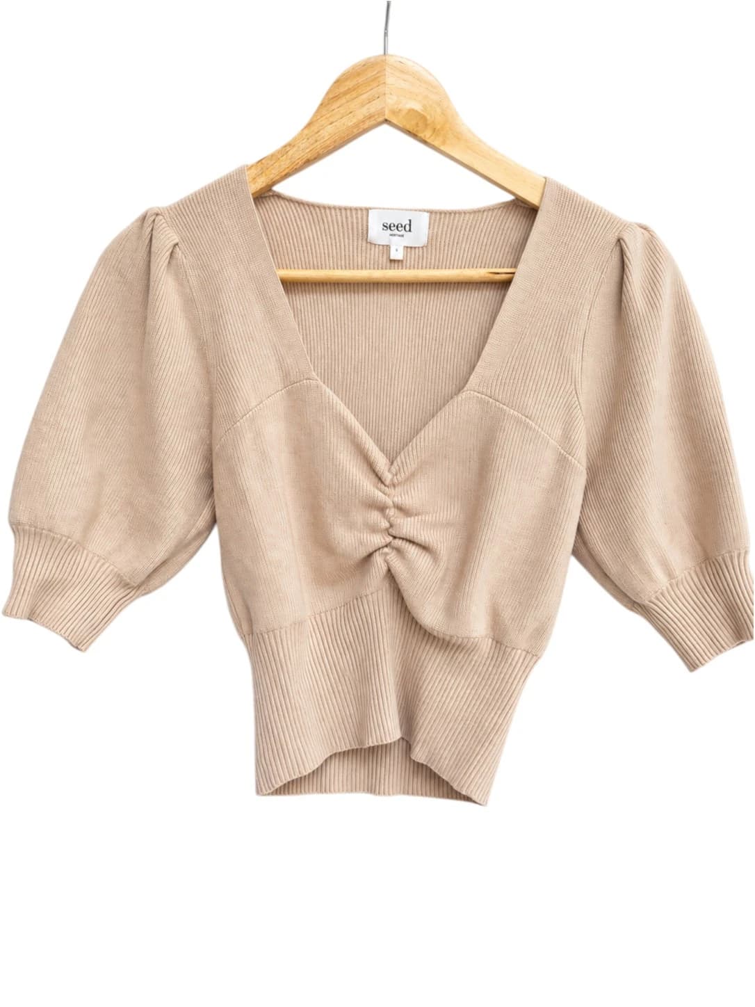 SEED HERITAGE Beige Ribbed Knit Puff Sleeve Sweetheart Top Size S — photo 2 of 6