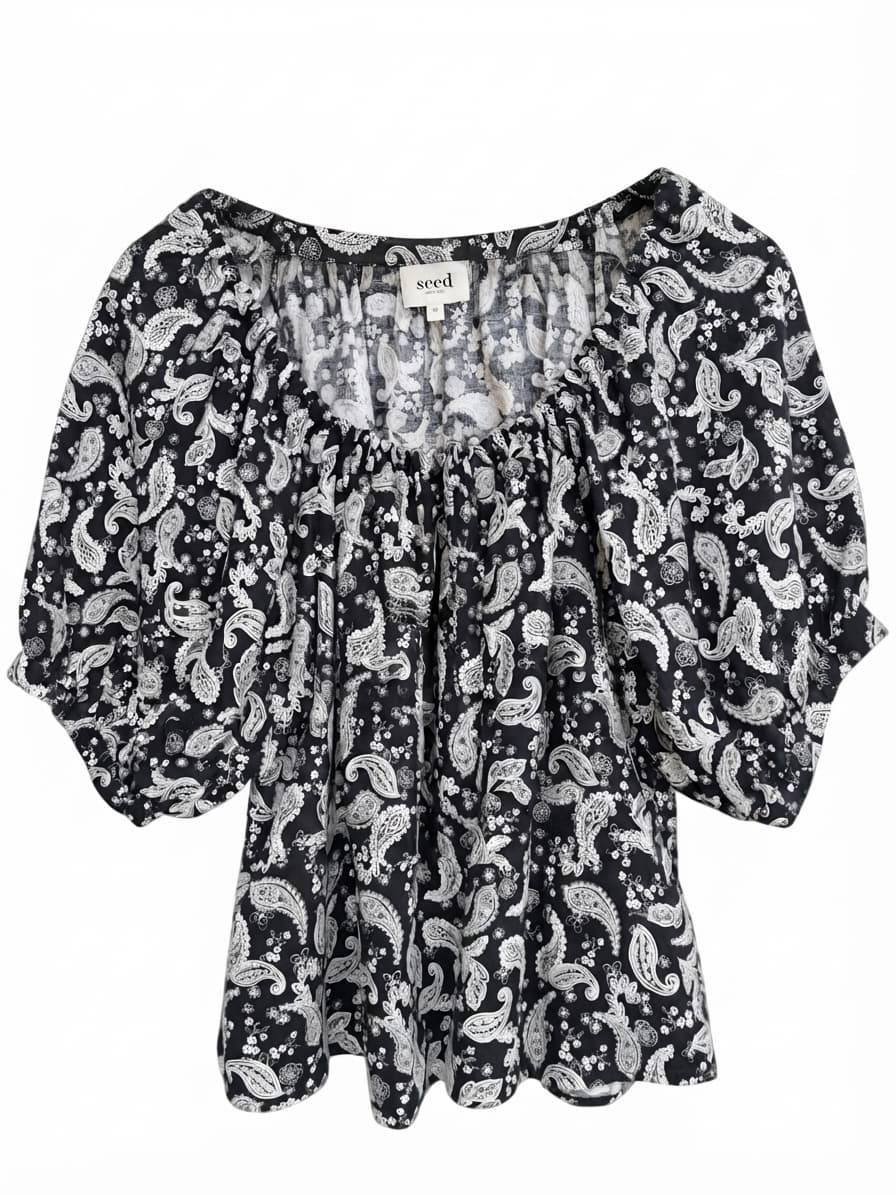 SEED HERITAGE Black White Paisley Linen Puff Sleeve Blouse Size 10 — photo 1 of 6