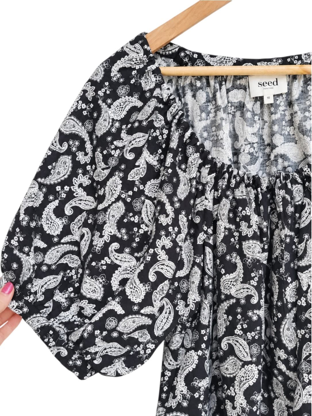 SEED HERITAGE Black White Paisley Linen Puff Sleeve Blouse Size 10 — photo 2 of 6