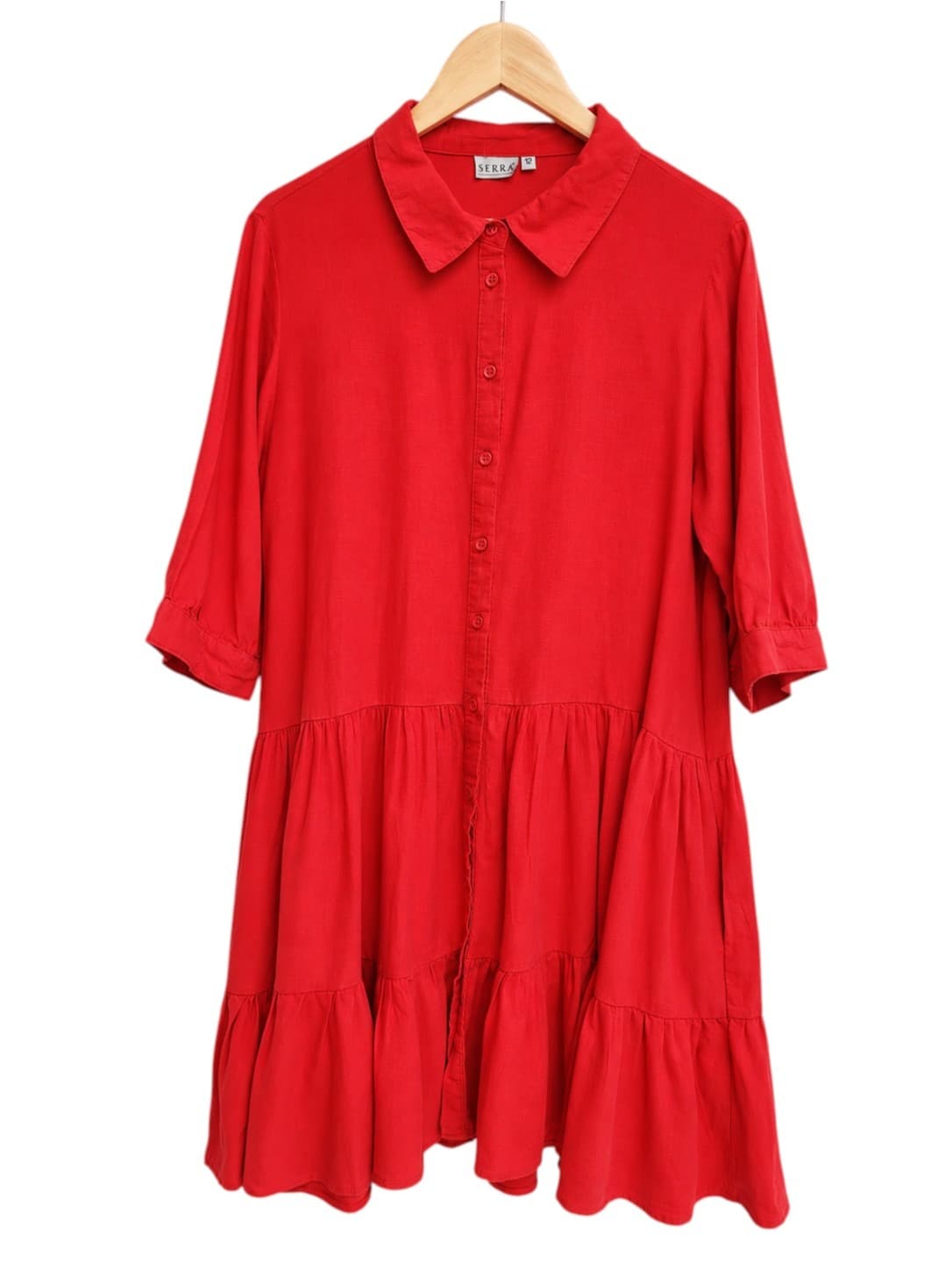 SERRA Red Linen Viscose Tiered Button Front Shirt Dress Size 12 — photo 1 of 8