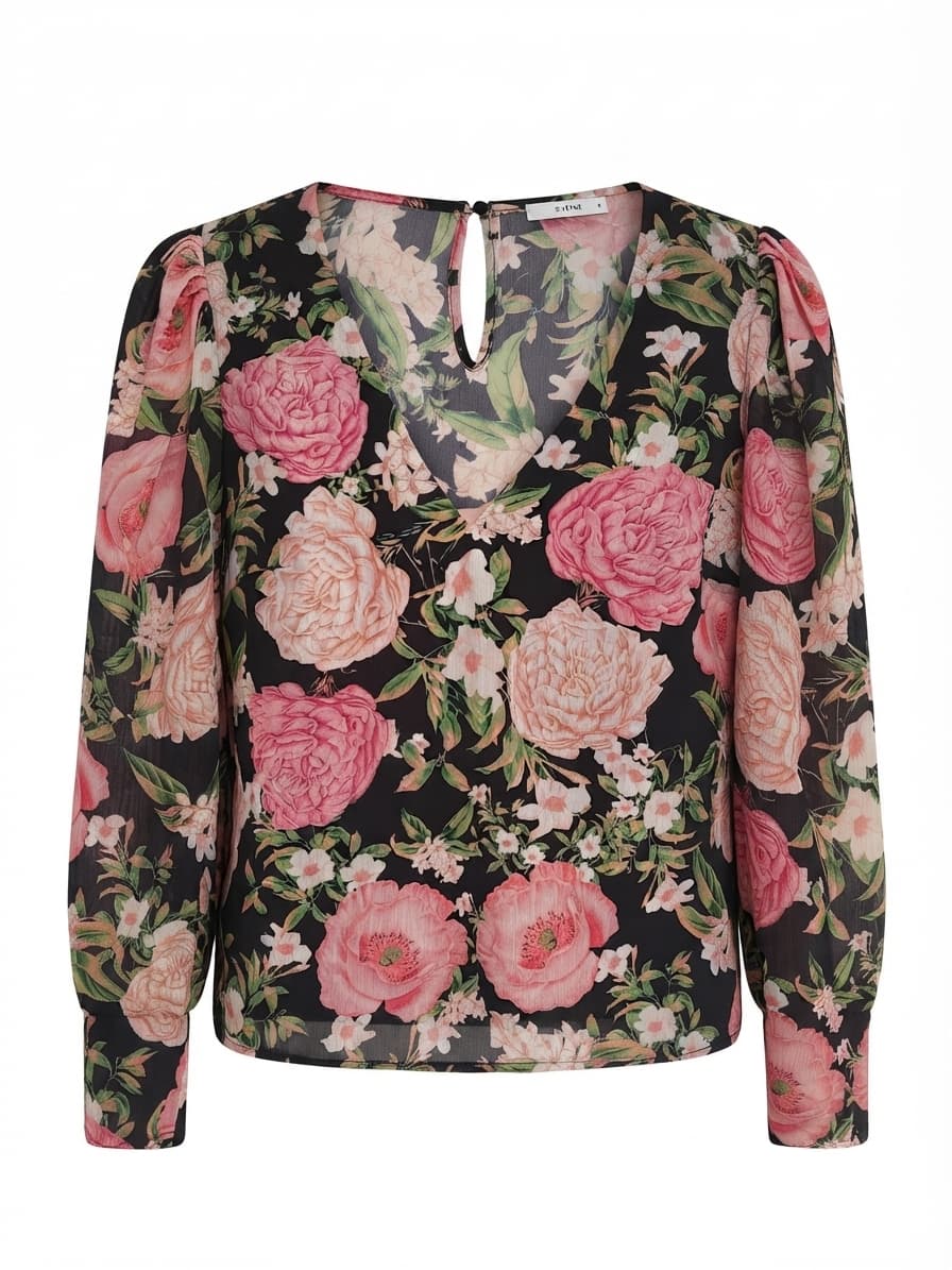 SHEIKE Black Pink Floral Print V-Neck Long Sleeve Blouse Size 8 — photo 1 of 6