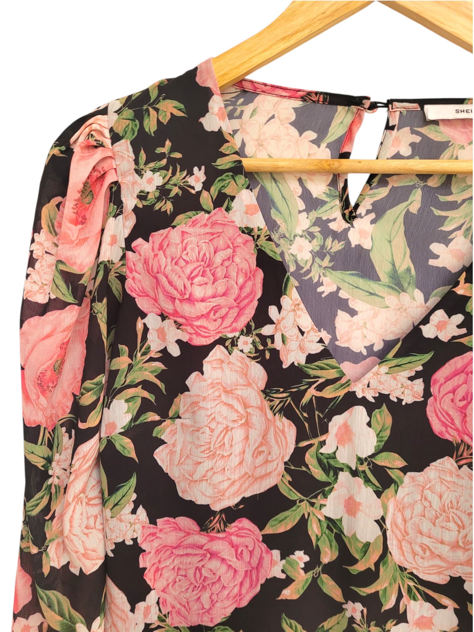 SHEIKE Black Pink Floral Print V-Neck Long Sleeve Blouse Size 8 — photo 2 of 6