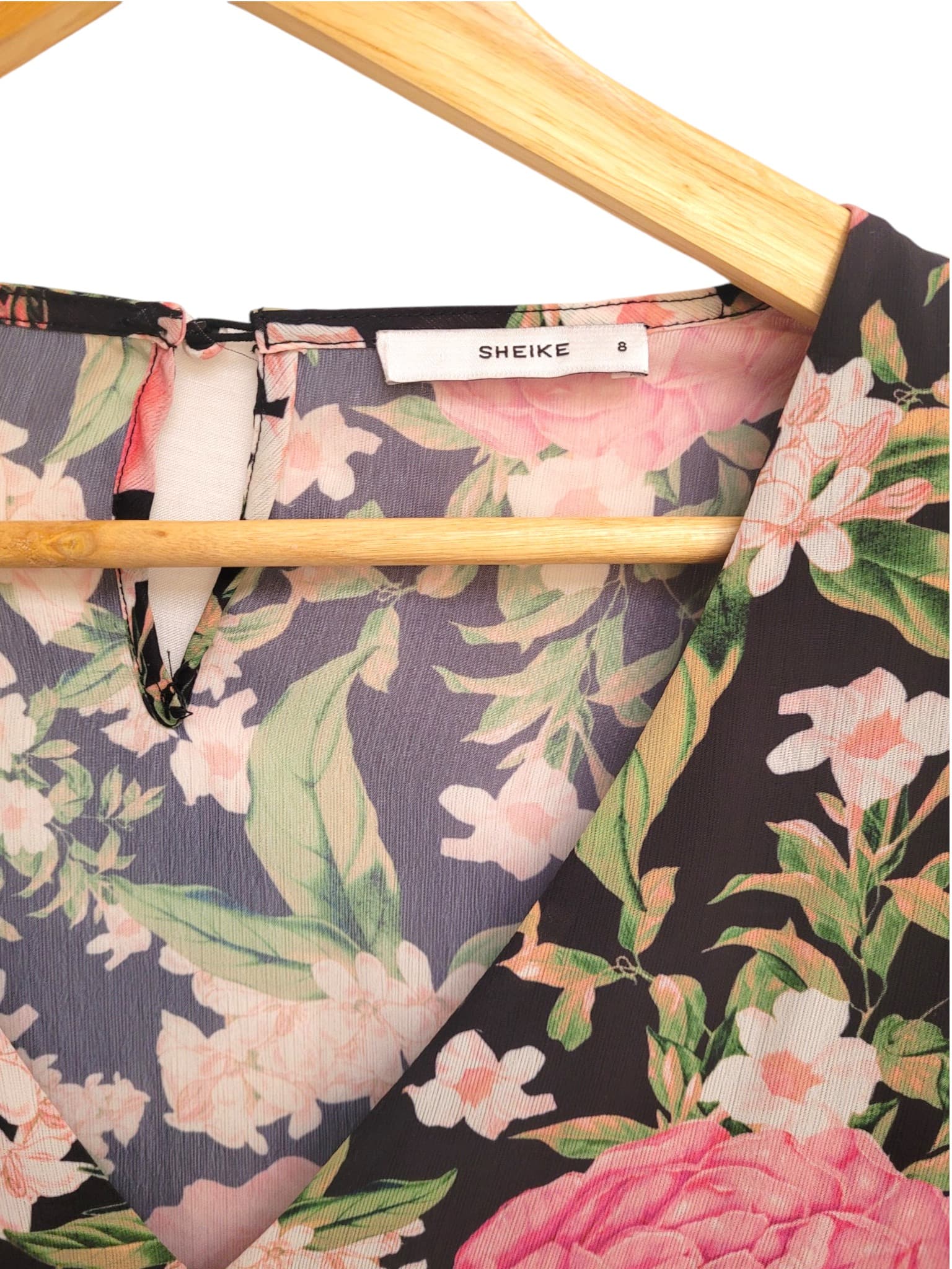 SHEIKE Black Pink Floral Print V-Neck Long Sleeve Blouse Size 8 — photo 4 of 6