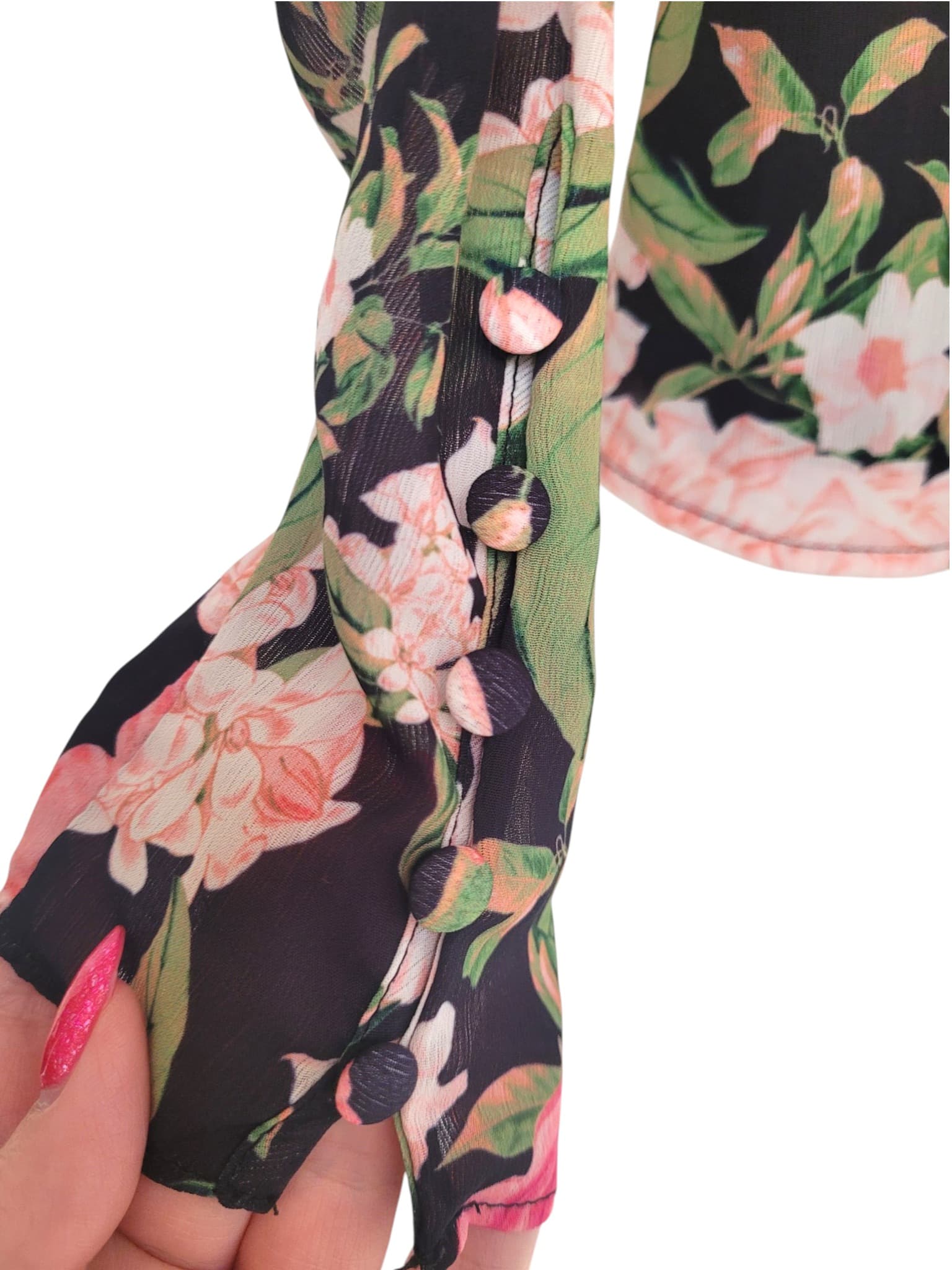SHEIKE Black Pink Floral Print V-Neck Long Sleeve Blouse Size 8 — photo 5 of 6
