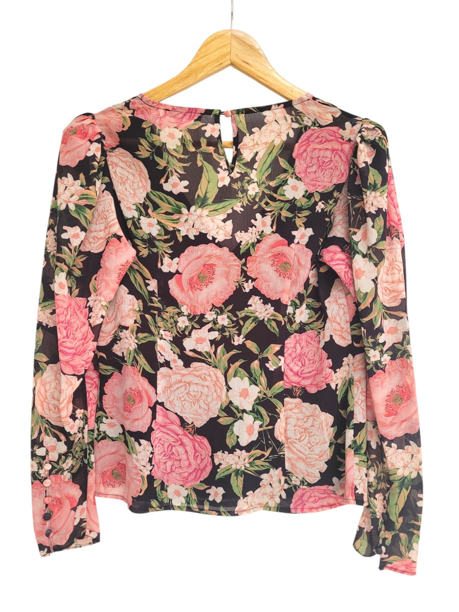 SHEIKE Black Pink Floral Print V-Neck Long Sleeve Blouse Size 8 — photo 3 of 6