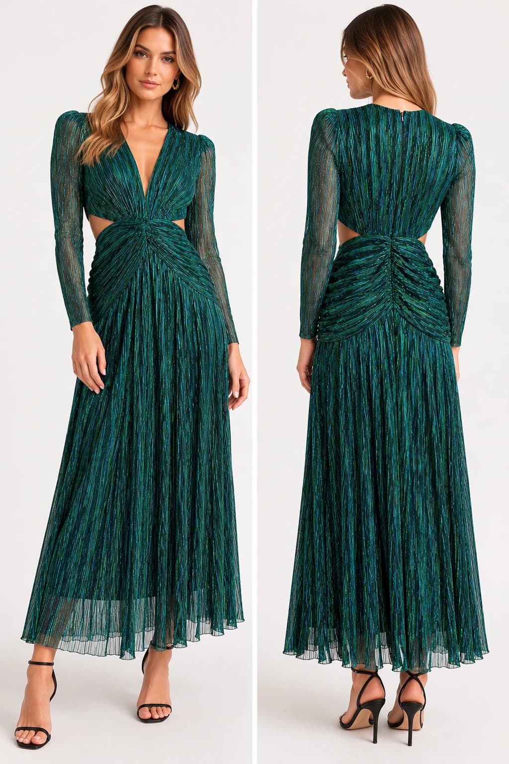 SHEIKE Millenium Dress Size 6 Green Metallic Pleated Cut Out Midi Evening — photo 2 of 9