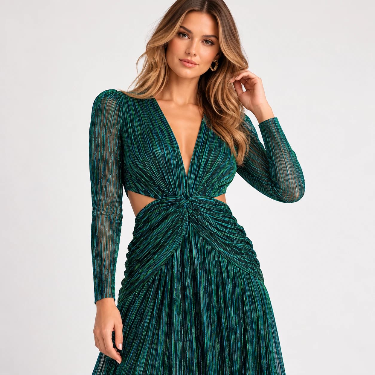 SHEIKE Millenium Dress Size 6 Green Metallic Pleated Cut Out Midi Evening — photo 1 of 9