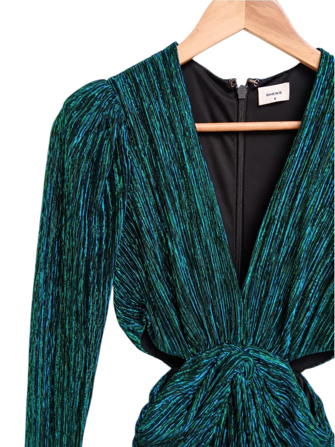 SHEIKE Millenium Dress Size 6 Green Metallic Pleated Cut Out Midi Evening — photo 3 of 9