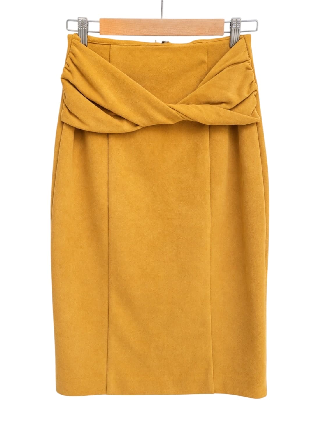SHEIKE Mustard Yellow Faux Suede Twist Front Pencil Midi Skirt Size 12 — photo 1 of 6