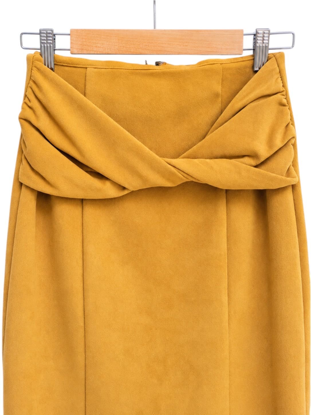 SHEIKE Mustard Yellow Faux Suede Twist Front Pencil Midi Skirt Size 12 — photo 2 of 6