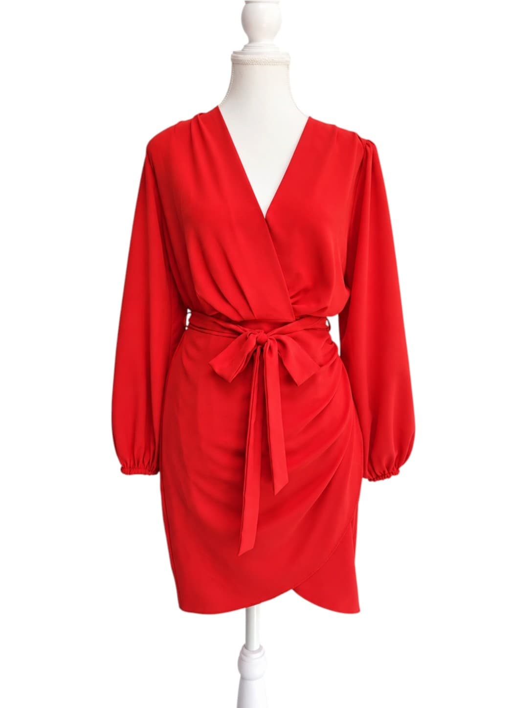 SHEIKE Red Wrap Style Mini Dress Balloon Sleeve Tie Waist Size 8 — photo 1 of 7