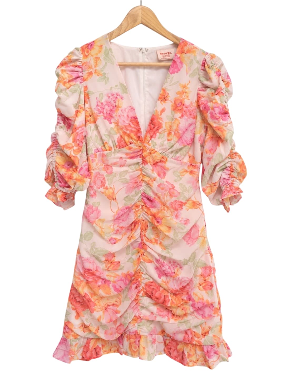 SHOWPO Peach Pink Floral Ruched Puff Sleeve Mini Dress Size 6 — photo 1 of 7
