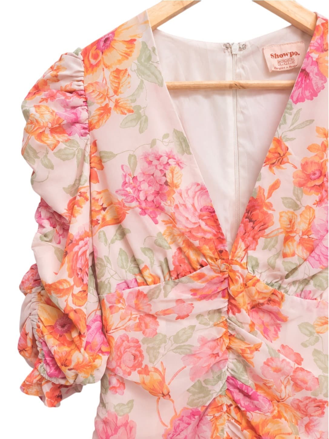 SHOWPO Peach Pink Floral Ruched Puff Sleeve Mini Dress Size 6 — photo 2 of 7