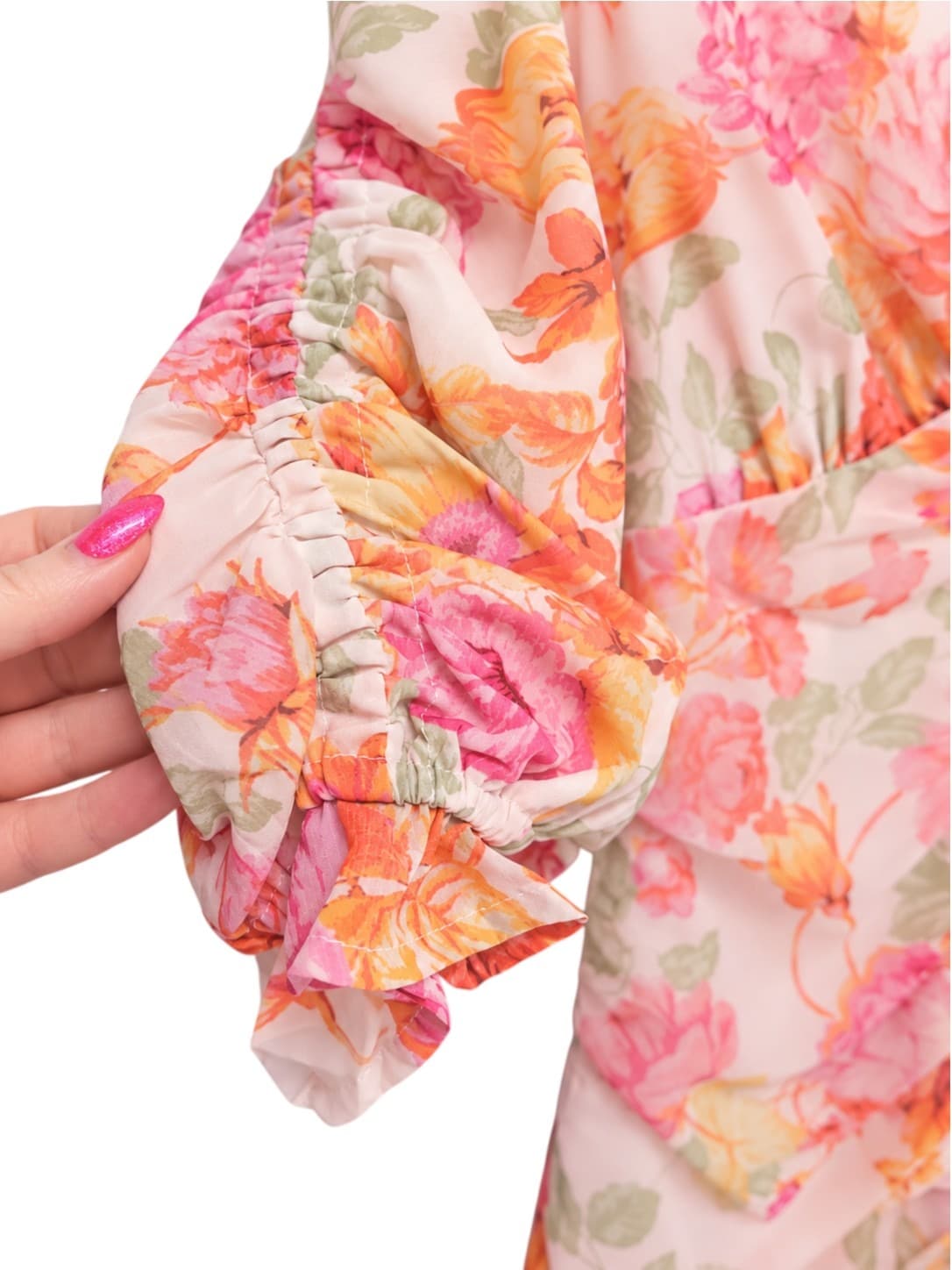 SHOWPO Peach Pink Floral Ruched Puff Sleeve Mini Dress Size 6 — photo 3 of 7