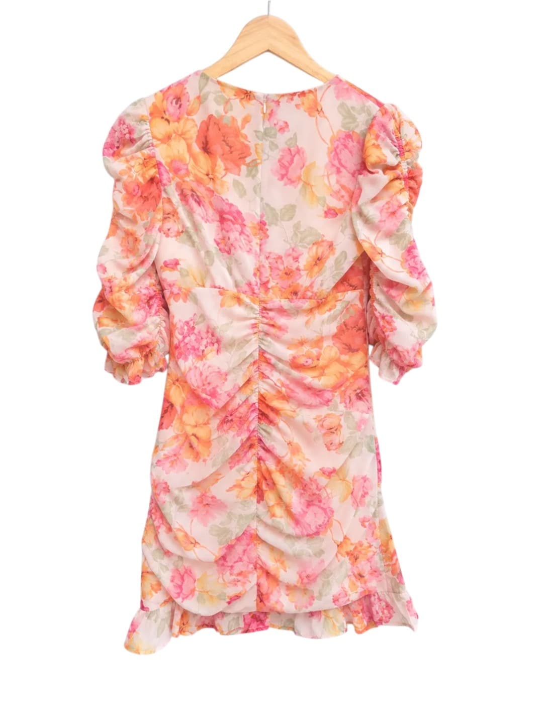 SHOWPO Peach Pink Floral Ruched Puff Sleeve Mini Dress Size 6 — photo 7 of 7
