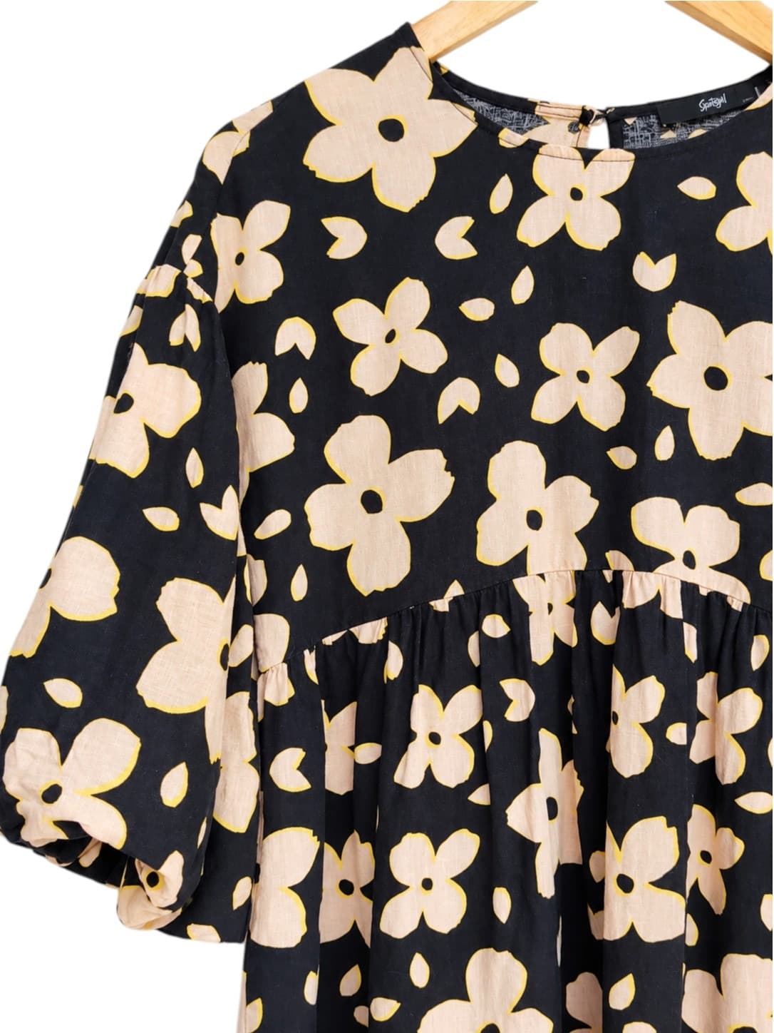 SPORTSGIRL Black Cream Floral Linen Blend Puff Sleeve Smock Dress Size 6 — photo 2 of 7