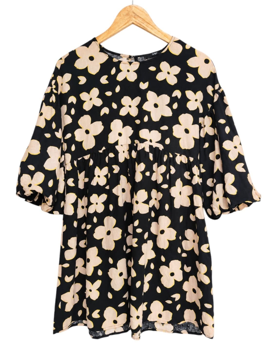 SPORTSGIRL Black Cream Floral Linen Blend Puff Sleeve Smock Dress Size 6 — photo 1 of 7