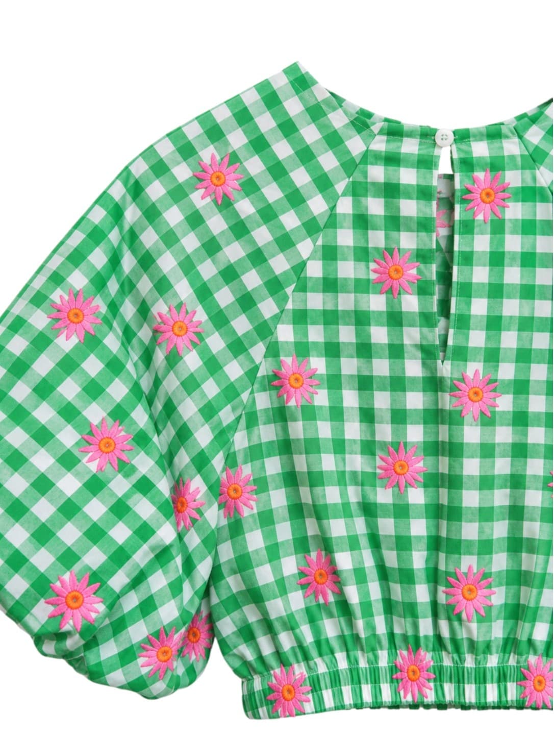Sportsgirl Womens Crop Top Size 4 Green Gingham Pink Daisy Embroidered Puff Sleeve — photo 4 of 7