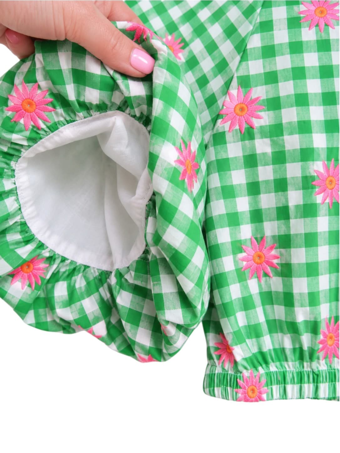 Sportsgirl Womens Crop Top Size 4 Green Gingham Pink Daisy Embroidered Puff Sleeve — photo 2 of 7