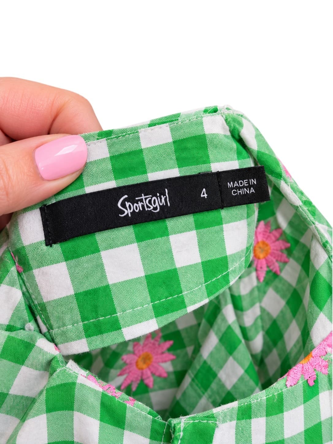 Sportsgirl Womens Crop Top Size 4 Green Gingham Pink Daisy Embroidered Puff Sleeve — photo 5 of 7