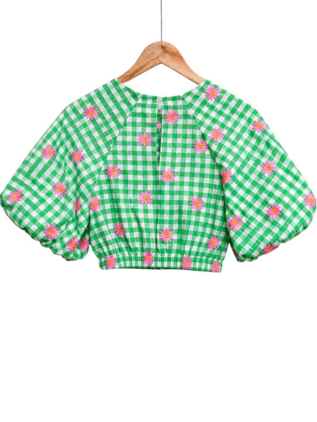 Sportsgirl Womens Crop Top Size 4 Green Gingham Pink Daisy Embroidered Puff Sleeve — photo 3 of 7