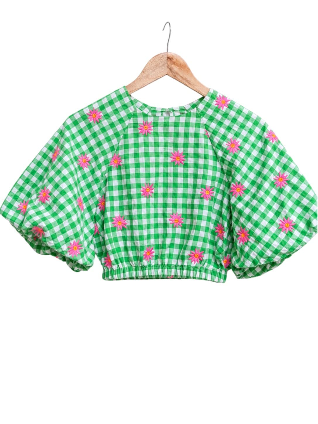Sportsgirl Womens Crop Top Size 4 Green Gingham Pink Daisy Embroidered Puff Sleeve — photo 1 of 7