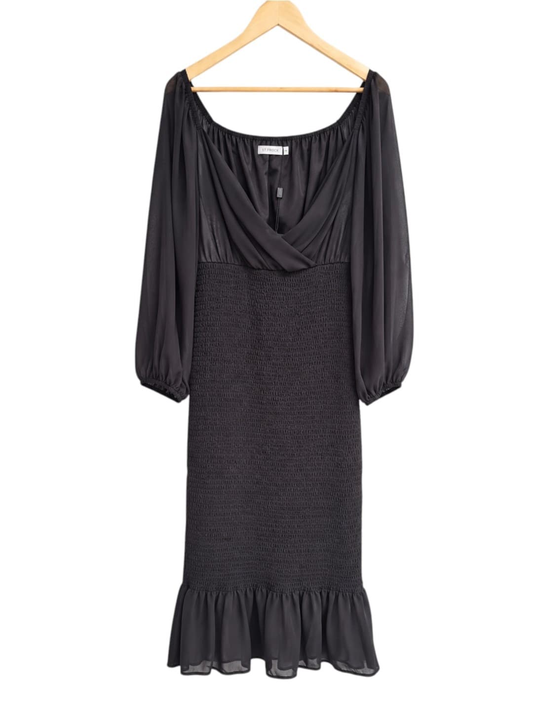 ST FROCK Black Chiffon Shirred Off Shoulder Midi Dress Size 14 — photo 2 of 6
