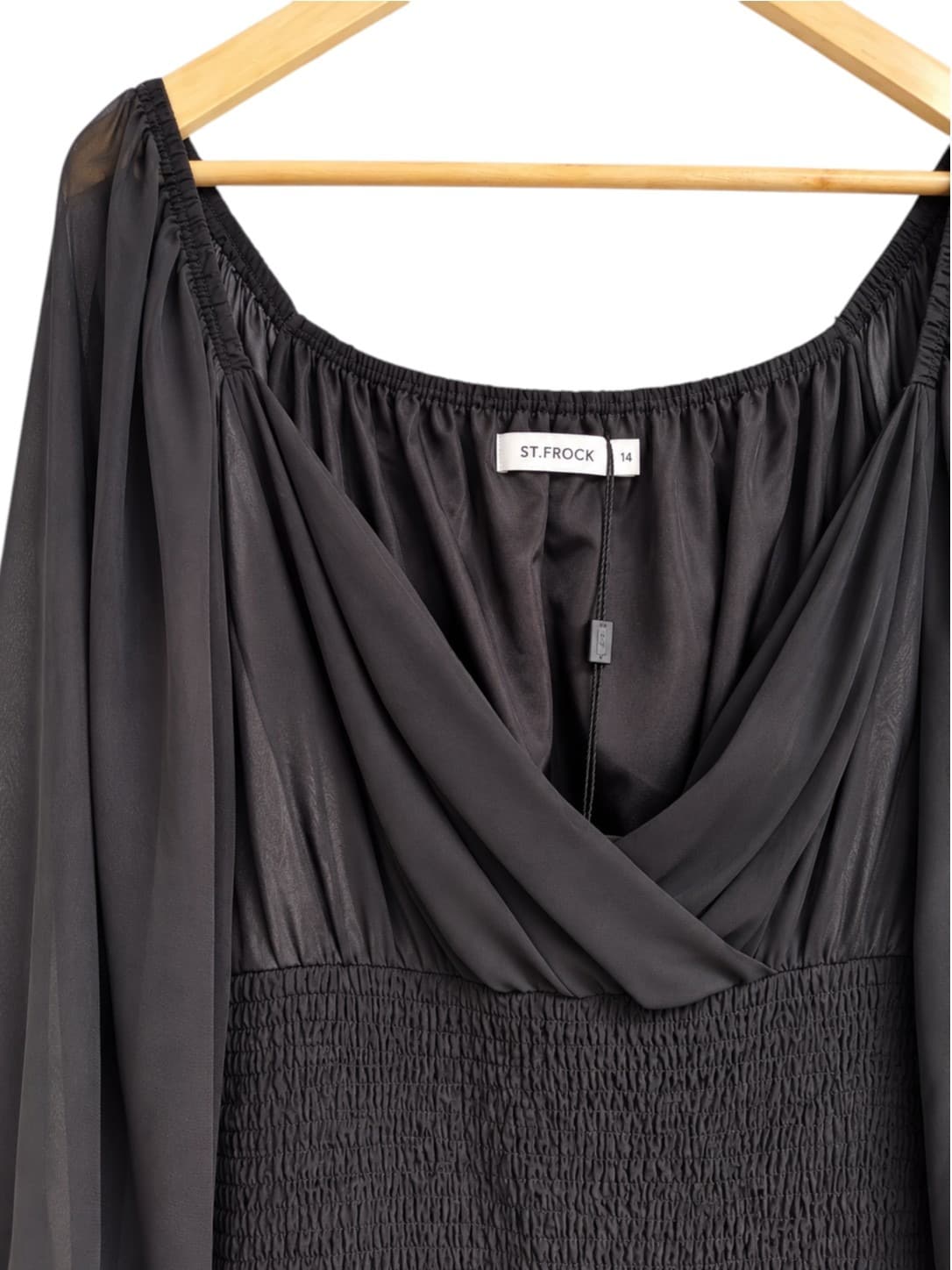 ST FROCK Black Chiffon Shirred Off Shoulder Midi Dress Size 14 — photo 1 of 6