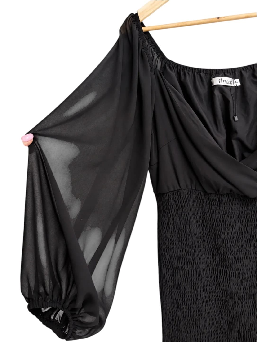 ST FROCK Black Chiffon Shirred Off Shoulder Midi Dress Size 14 — photo 3 of 6