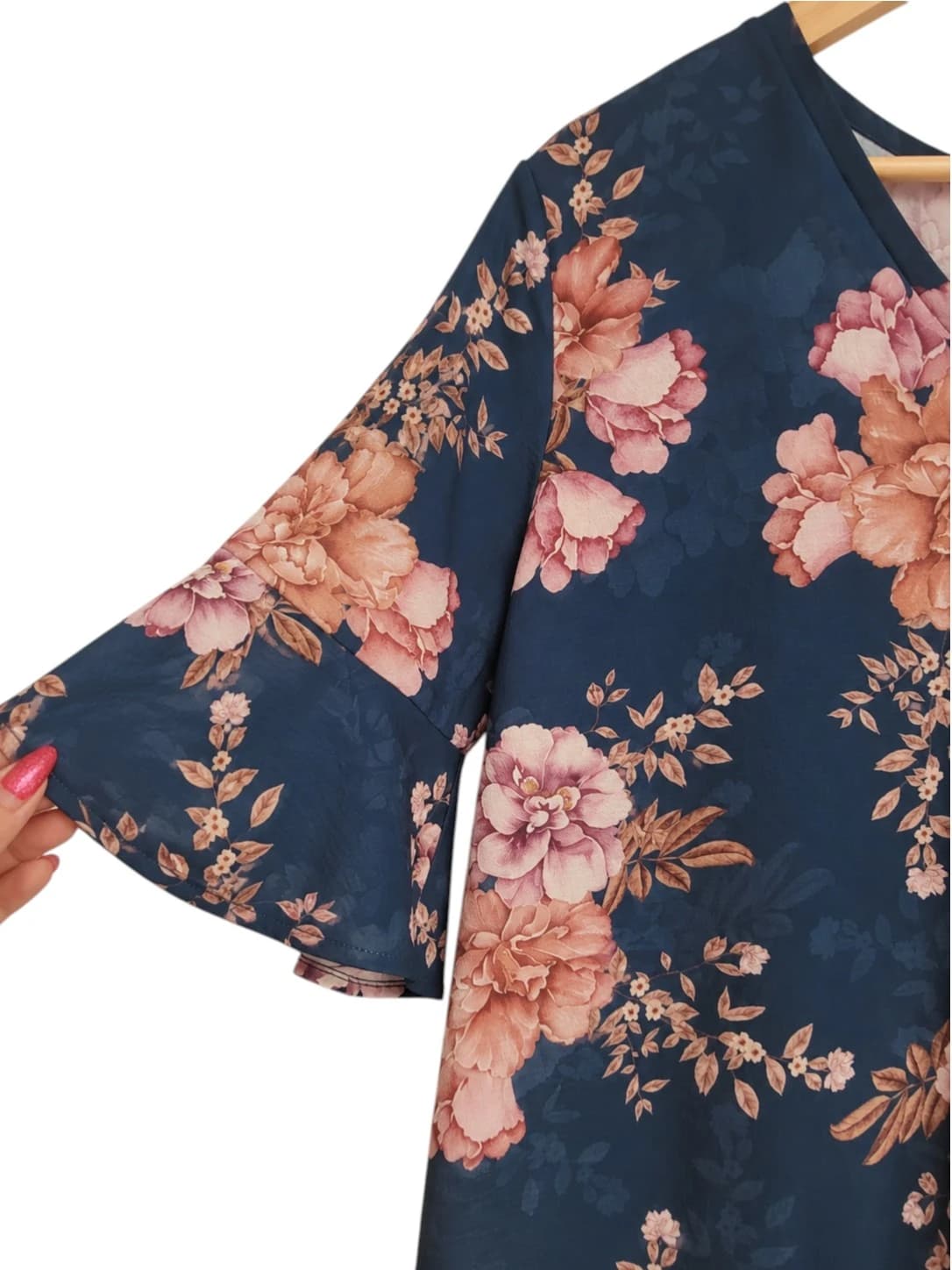 ST FROCK Navy Pink Floral Print V Neck Bell Sleeve Blouse Size 12 — photo 2 of 7