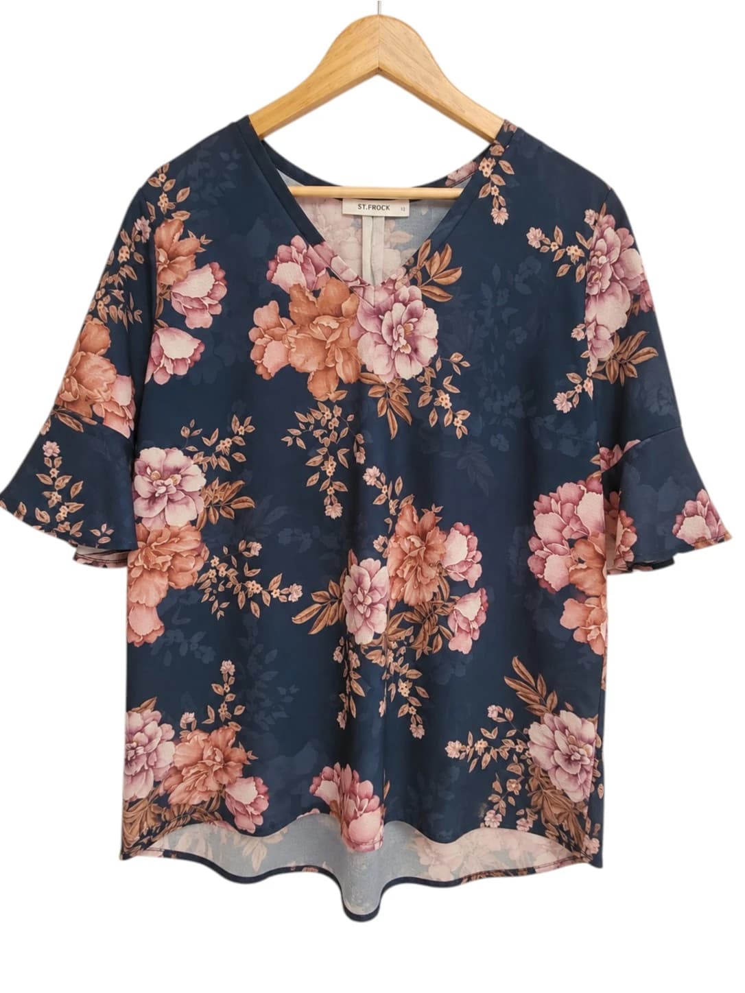 ST FROCK Navy Pink Floral Print V Neck Bell Sleeve Blouse Size 12 — photo 1 of 7