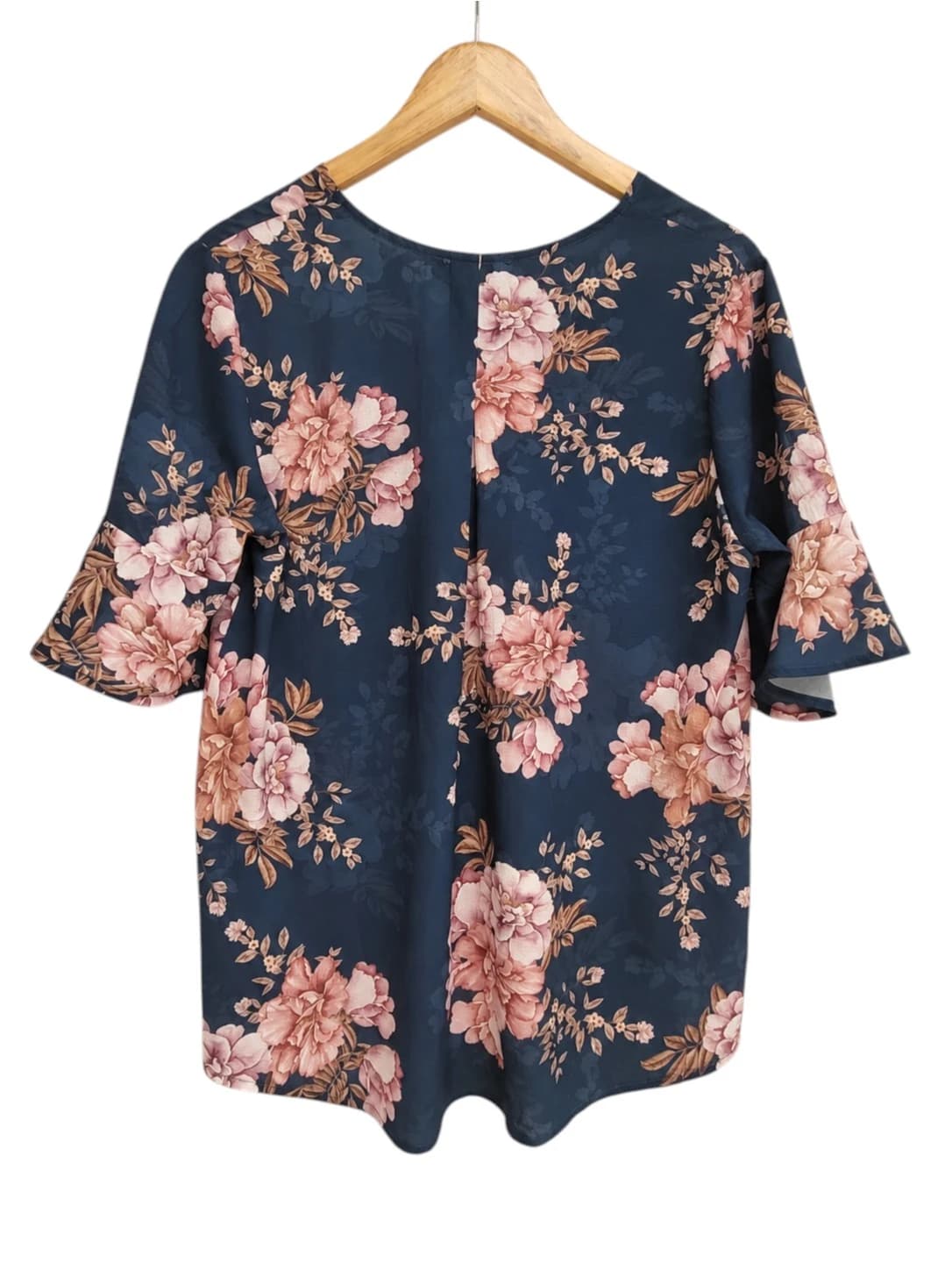 ST FROCK Navy Pink Floral Print V Neck Bell Sleeve Blouse Size 12 — photo 4 of 7