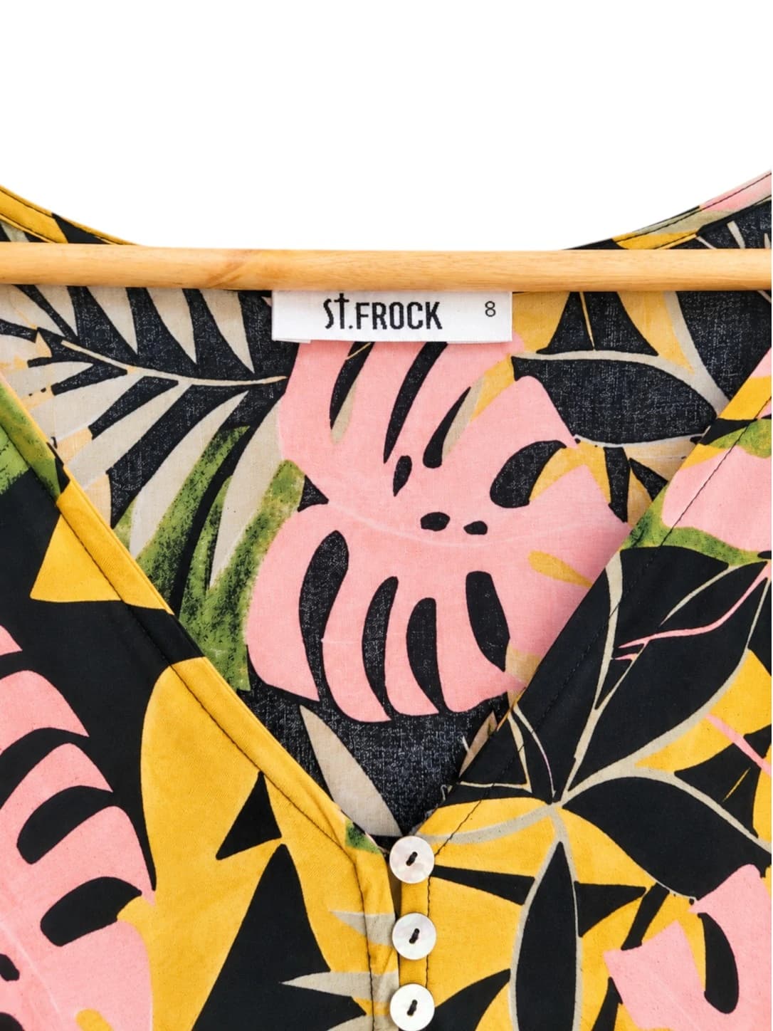 ST FROCK Tropical Monstera Leaf Tiered Midi Dress Black Pink Size 8 — photo 4 of 6