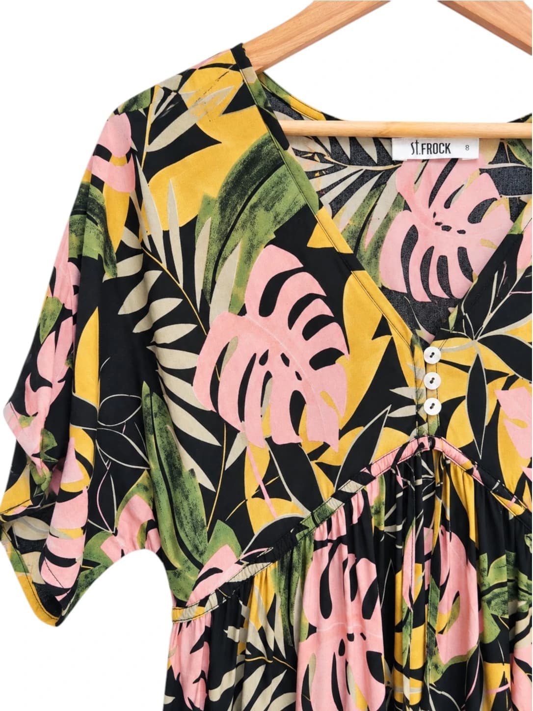 ST FROCK Tropical Monstera Leaf Tiered Midi Dress Black Pink Size 8 — photo 2 of 6