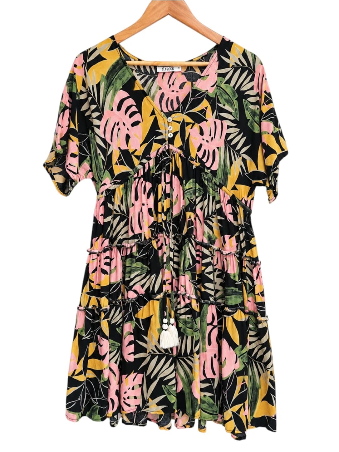 ST FROCK Tropical Monstera Leaf Tiered Midi Dress Black Pink Size 8 — photo 1 of 6