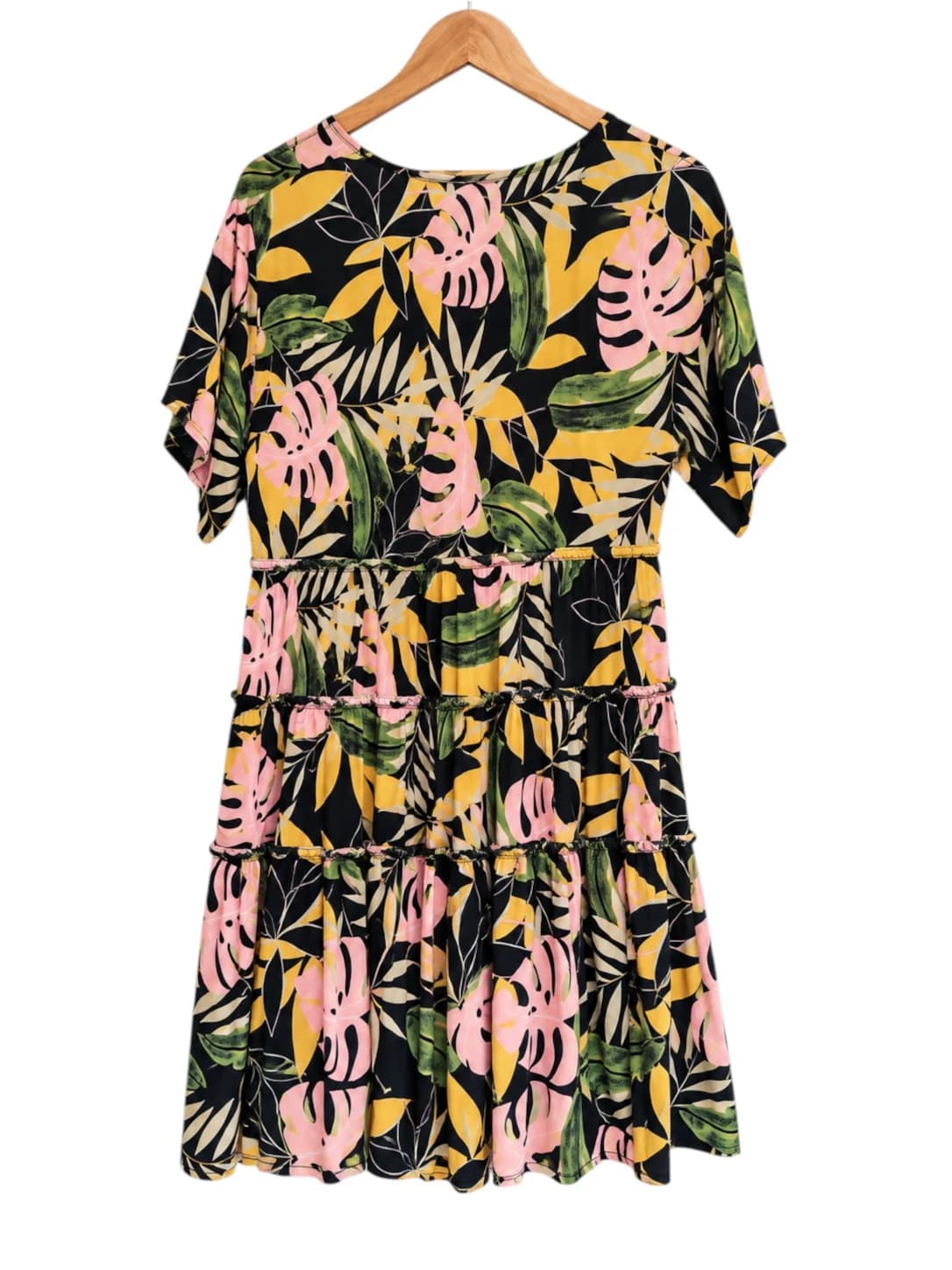ST FROCK Tropical Monstera Leaf Tiered Midi Dress Black Pink Size 8 — photo 3 of 6