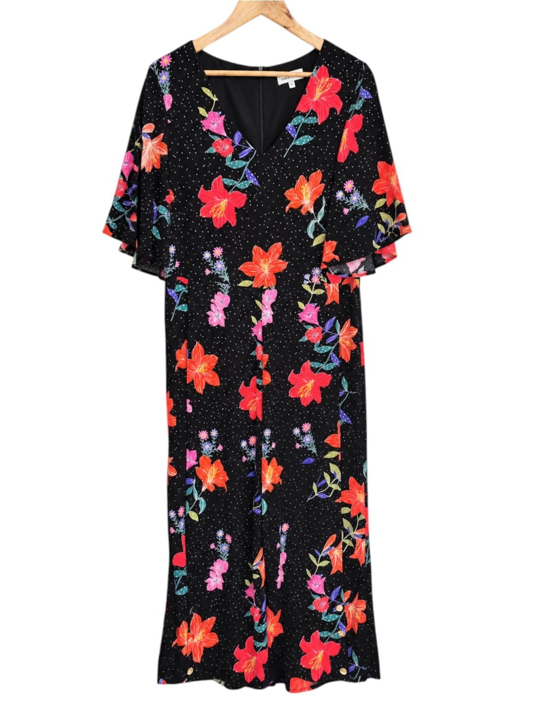 TABLE EIGHT Black Floral Wide Leg Jumpsuit Flutter Sleeve Size 16 — photo 2 of 8