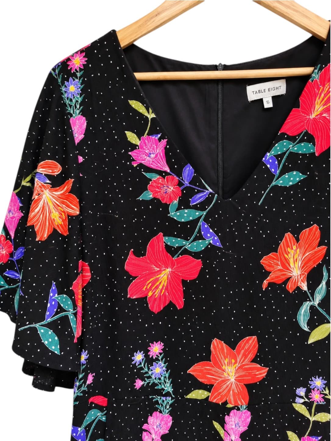 TABLE EIGHT Black Floral Wide Leg Jumpsuit Flutter Sleeve Size 16 — photo 1 of 8