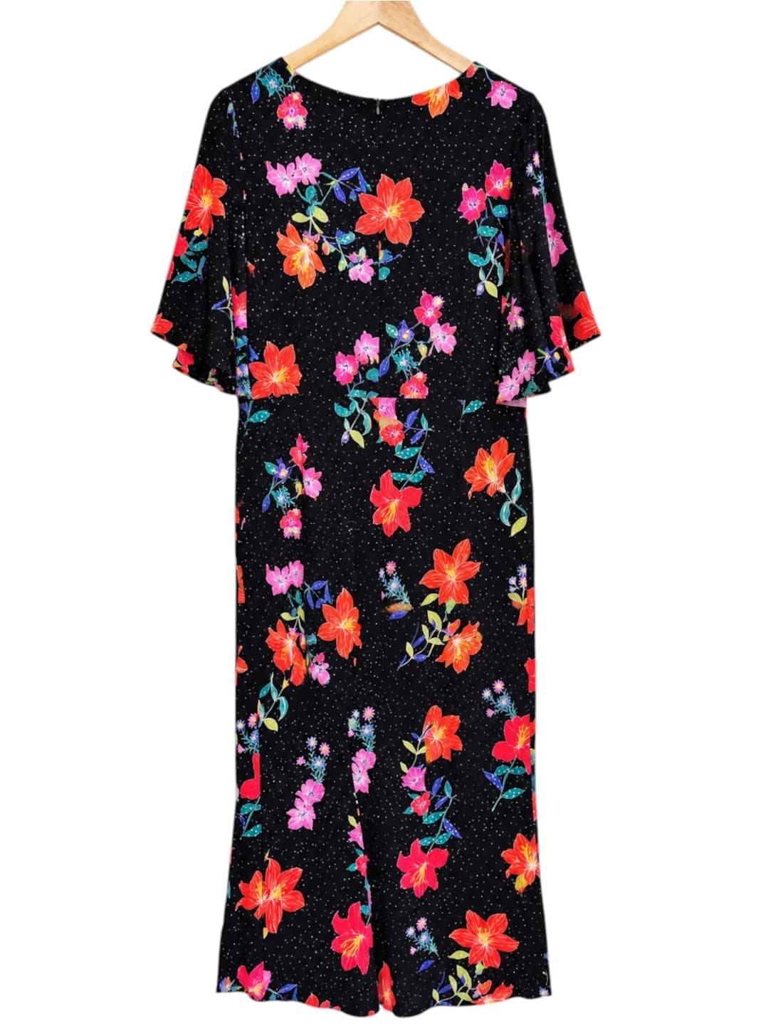 TABLE EIGHT Black Floral Wide Leg Jumpsuit Flutter Sleeve Size 16 — photo 5 of 8