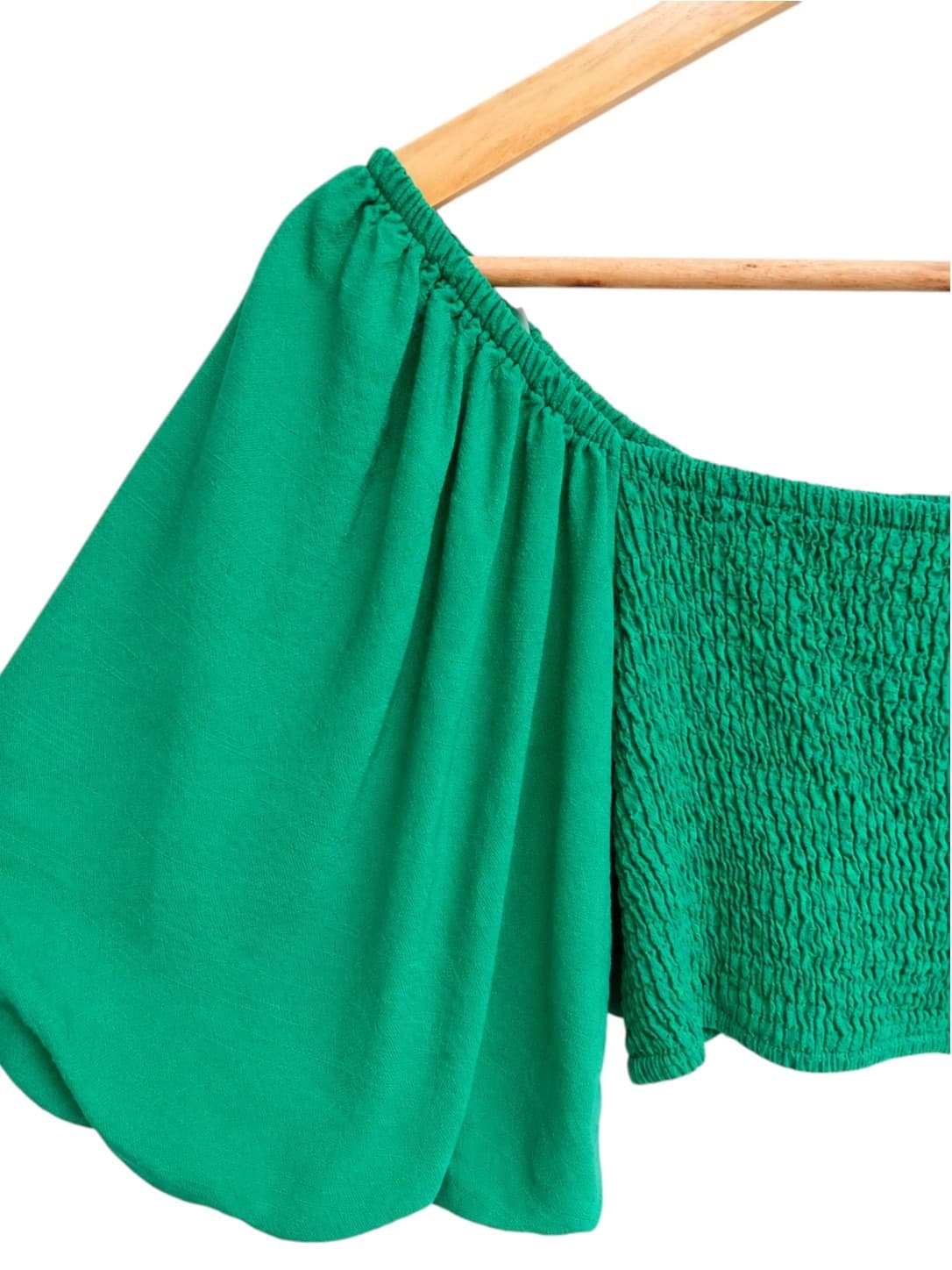 THANNE Womens Crop Top Size 12 Emerald Green Linen Cotton Puff Sleeve Shirred — photo 2 of 6
