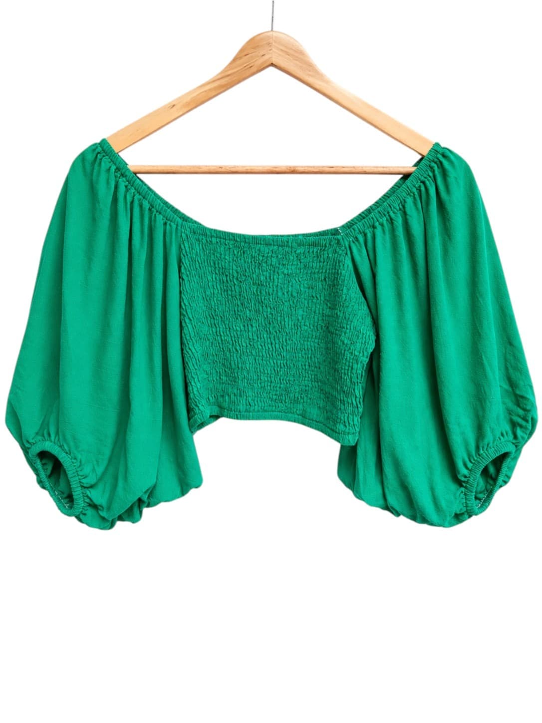 THANNE Womens Crop Top Size 12 Emerald Green Linen Cotton Puff Sleeve Shirred — photo 1 of 6