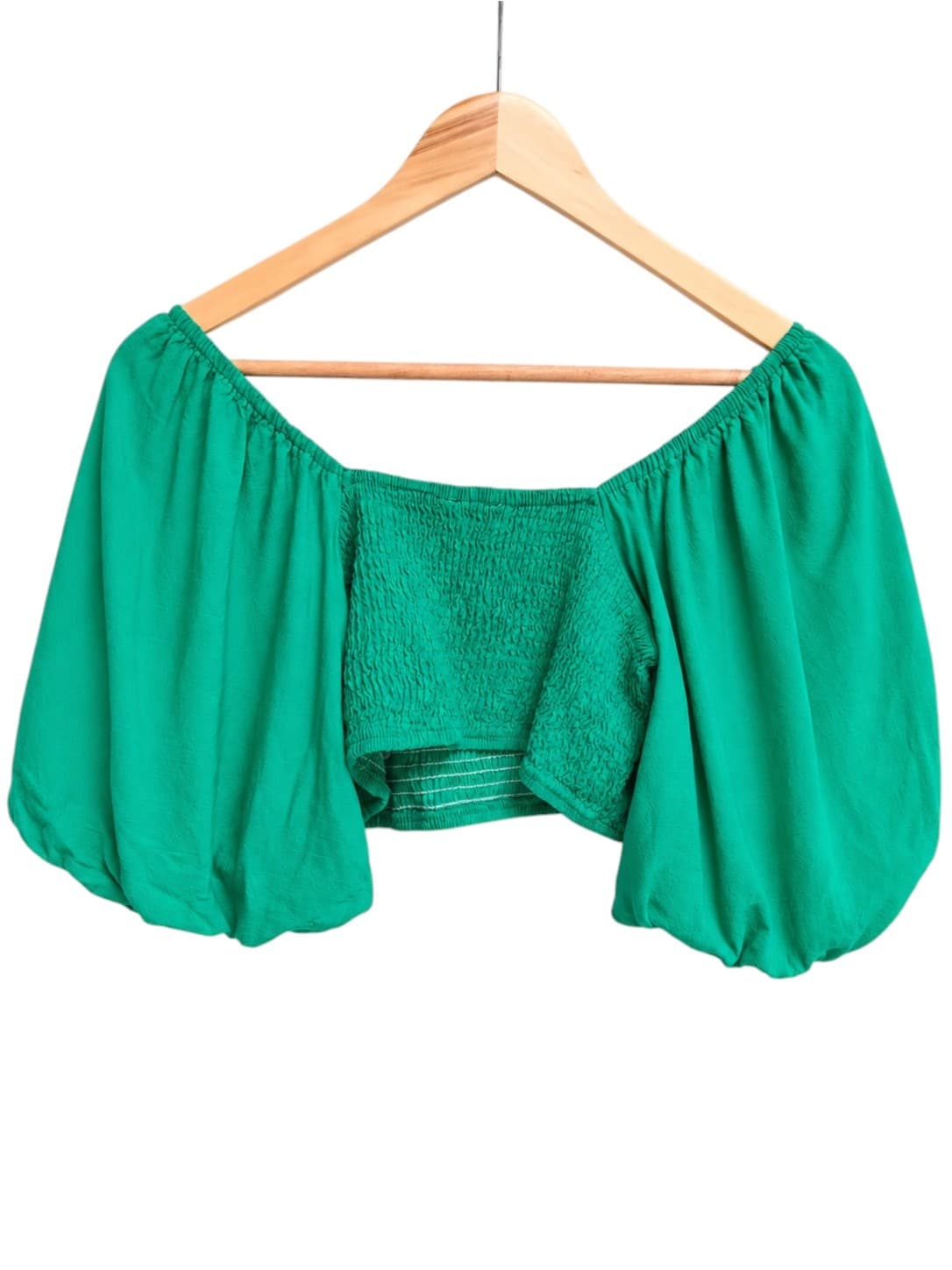 THANNE Womens Crop Top Size 12 Emerald Green Linen Cotton Puff Sleeve Shirred — photo 4 of 6